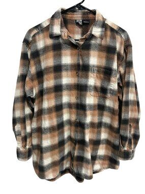 Basic Editions XL Mens Brown Black Plaid Flannel Button-Up Shirt Grungecore Retr